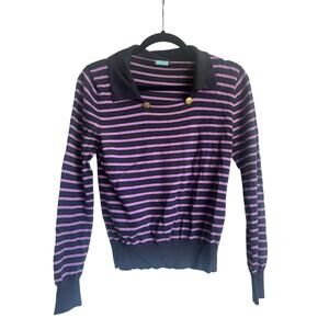 J.McLaughlin Striped Knit Sweater Purple Navy Gold Buttons S